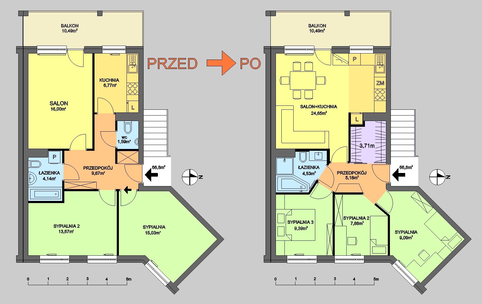 Rzut mieszkania przed i po zmianach aranżacyjnych, prezentujący różnice w układzie pomieszczeń, w tym powiększoną przestrzeń salonu i kuchni, oraz zmiany w lokalizacji łazienki i sypialni.